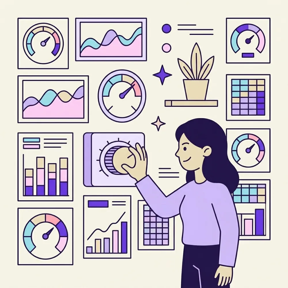A wall of gauges and charts with a person adjusting a dial