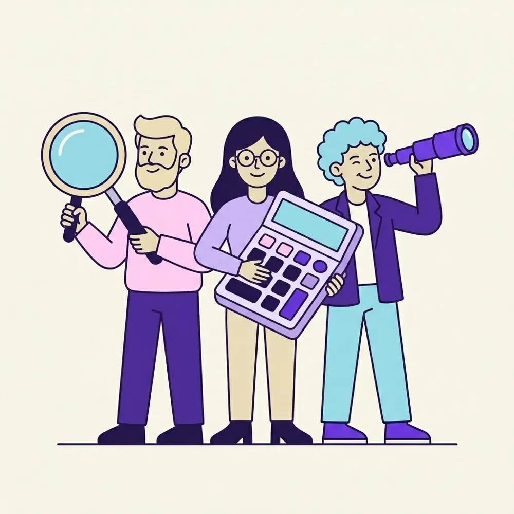 Three Rio team members with a calculator, magnifying glass, and telescope